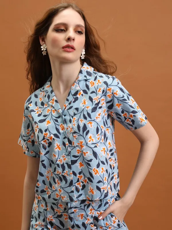 Tokyo Talkies Women Blue Printed Shirt Style Top