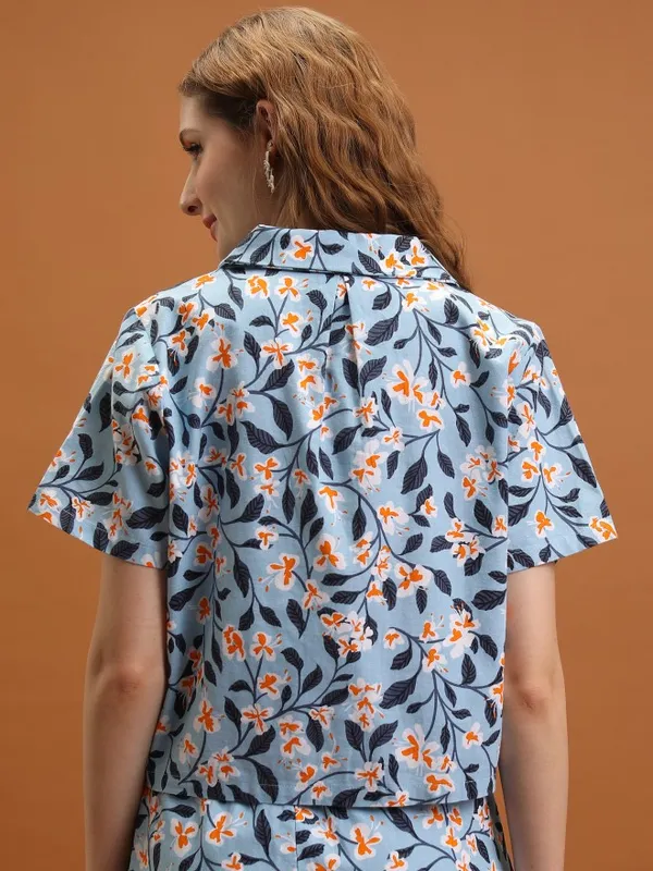 Tokyo Talkies Women Blue Printed Shirt Style Top