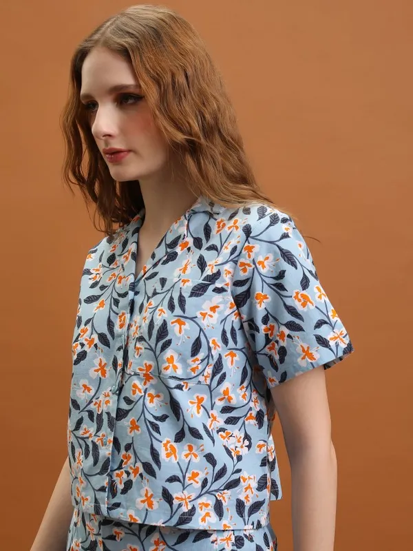 Tokyo Talkies Women Blue Printed Shirt Style Top