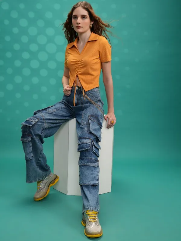 Tokyo Talkies Women Yellow Solid Shirt Style Top