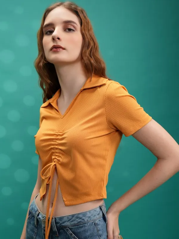 Tokyo Talkies Women Yellow Solid Shirt Style Top