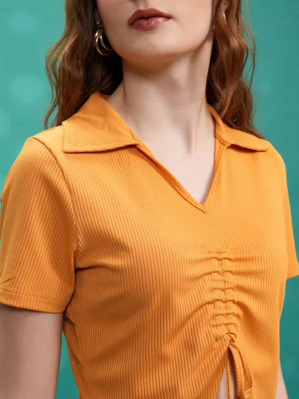 Tokyo Talkies Women Yellow Solid Shirt Style Top