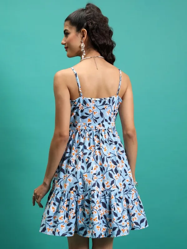 Tokyo Talkies Women Blue Printed Fit And Flare Dress