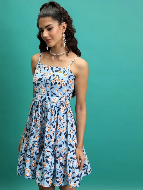 Tokyo Talkies Women Blue Printed Fit And Flare Dress
