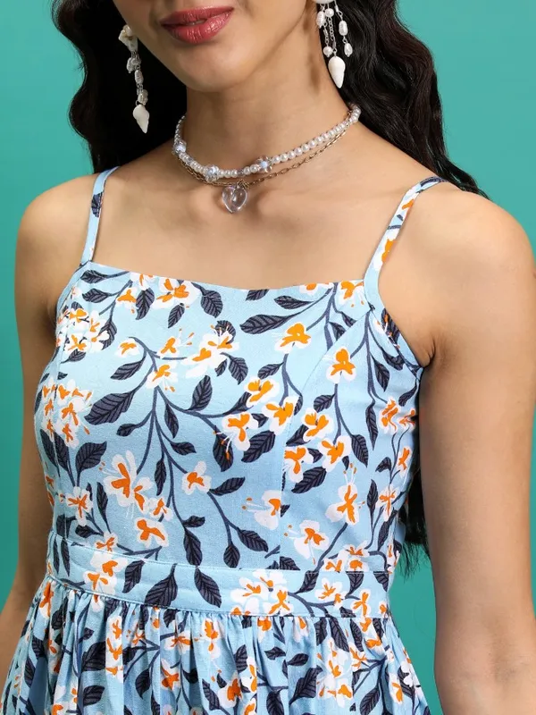 Tokyo Talkies Women Blue Printed Fit And Flare Dress