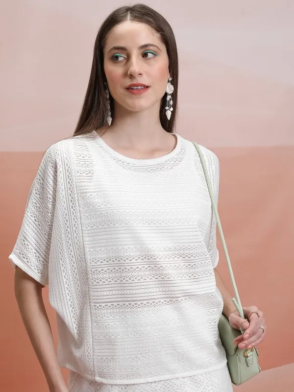 Tokyo Talkies Women White Self Design Regular Tops
