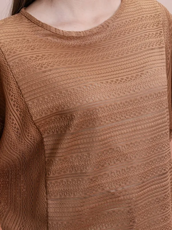 Tokyo Talkies Women Brown Self Design Regular Top