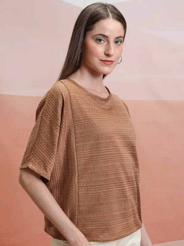 Tokyo Talkies Women Brown Self Design Regular Top