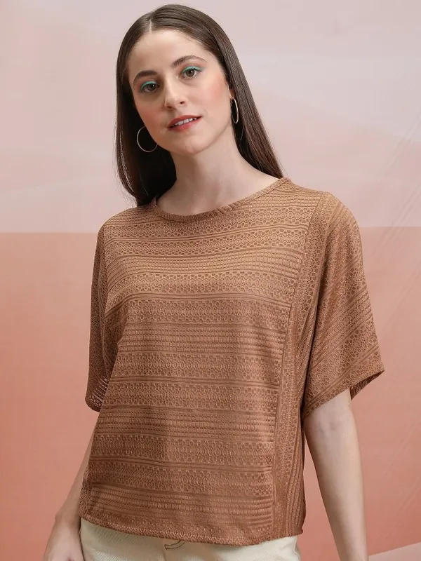 Tokyo Talkies Women Brown Self Design Regular Top