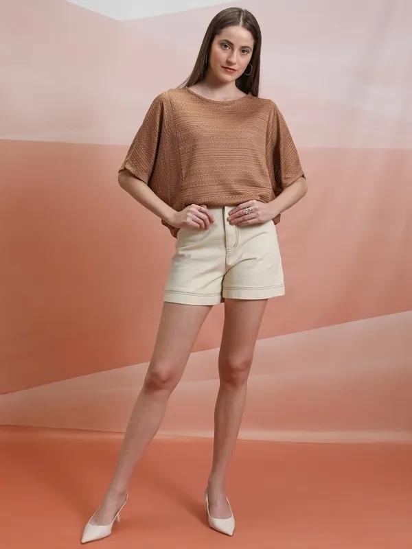 Tokyo Talkies Women Brown Self Design Regular Top