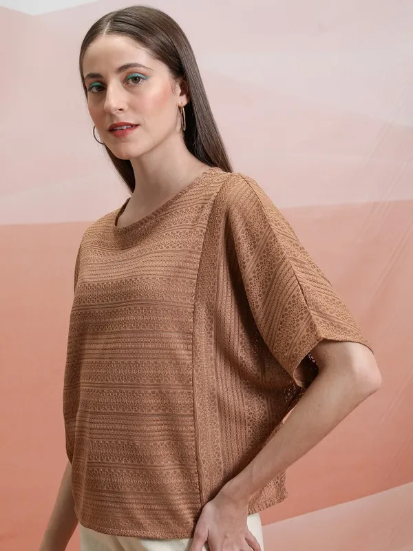 Tokyo Talkies Women Brown Self Design Regular Top