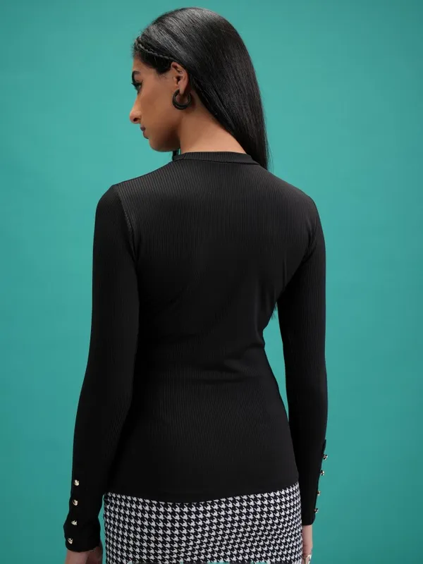  Tokyo Talkies Women Black Self Design Fitted Tops