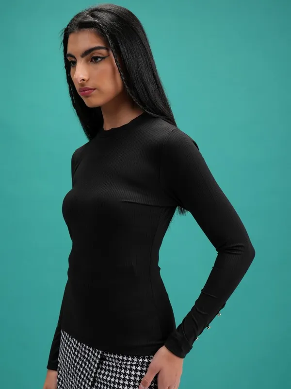  Tokyo Talkies Women Black Self Design Fitted Tops