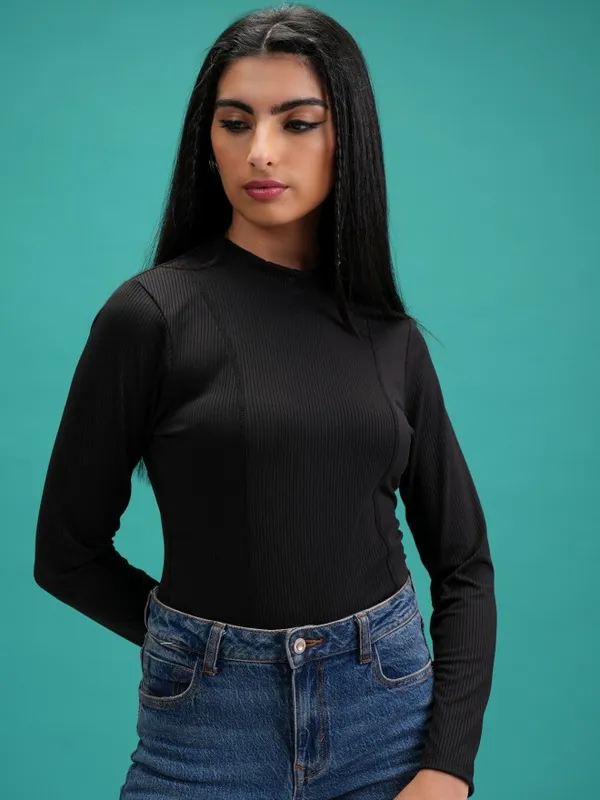  Tokyo Talkies Women Black Solid Fitted Tops
