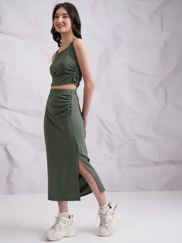 Tokyo Talkies Women Olive Top With Skirt