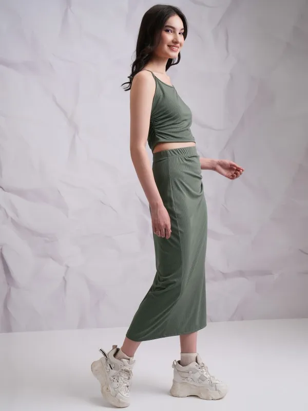 Tokyo Talkies Women Olive Top With Skirt