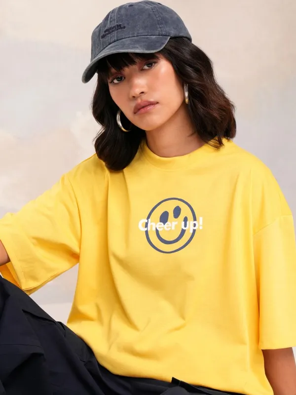 Tokyo Talkies Women Yellow Printed Round Neck Oversized Fit T-Shirt