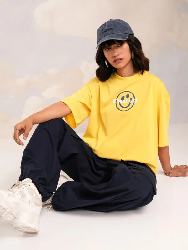 Tokyo Talkies Women Yellow Printed Round Neck Oversized Fit T-Shirt