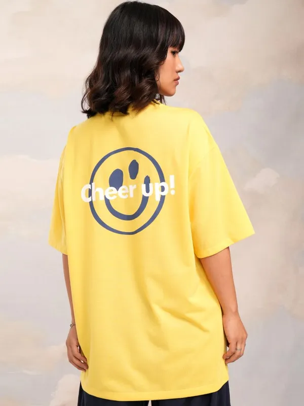 Tokyo Talkies Women Yellow Printed Round Neck Oversized Fit T-Shirt