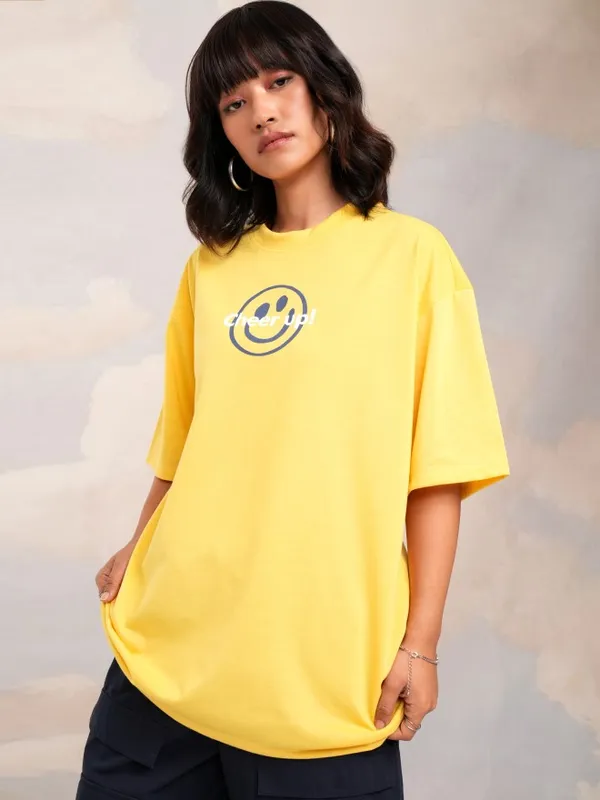 Tokyo Talkies Women Yellow Printed Round Neck Oversized Fit T-Shirt