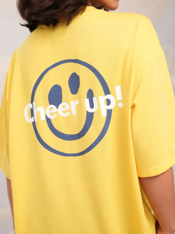 Tokyo Talkies Women Yellow Printed Round Neck Oversized Fit T-Shirt