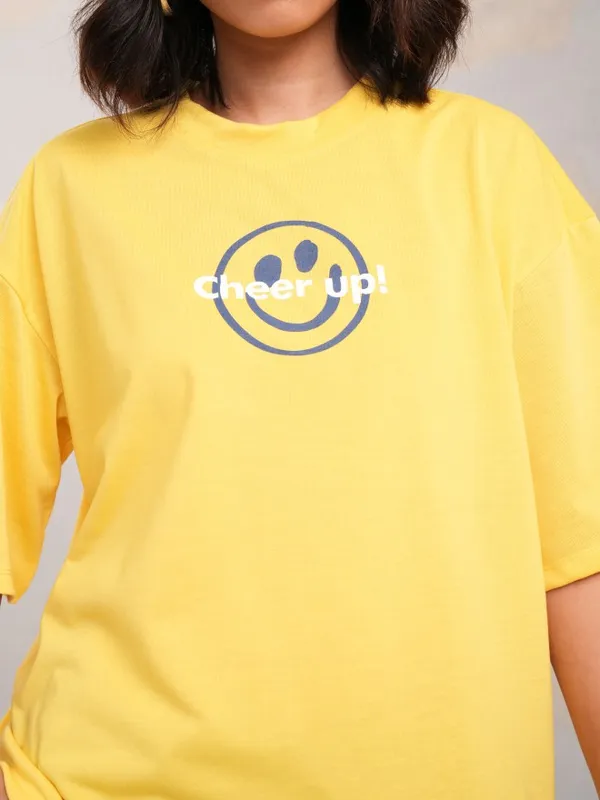 Tokyo Talkies Women Yellow Printed Round Neck Oversized Fit T-Shirt