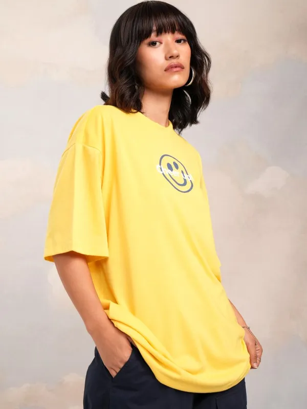 Tokyo Talkies Women Yellow Printed Round Neck Oversized Fit T-Shirt
