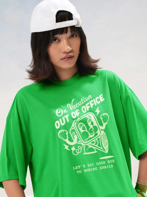 Tokyo Talkies Women Green Printed Round Neck Oversized Fit T-Shirt