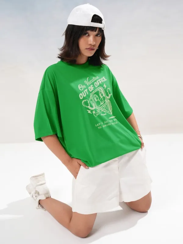 Tokyo Talkies Women Green Printed Round Neck Oversized Fit T-Shirt