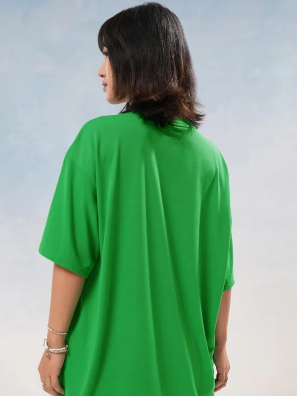 Tokyo Talkies Women Green Printed Round Neck Oversized Fit T-Shirt