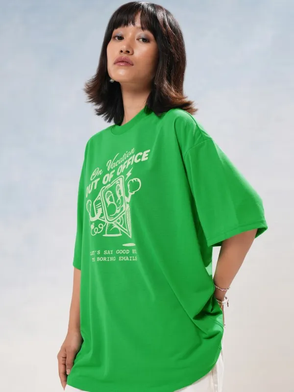 Tokyo Talkies Women Green Printed Round Neck Oversized Fit T-Shirt