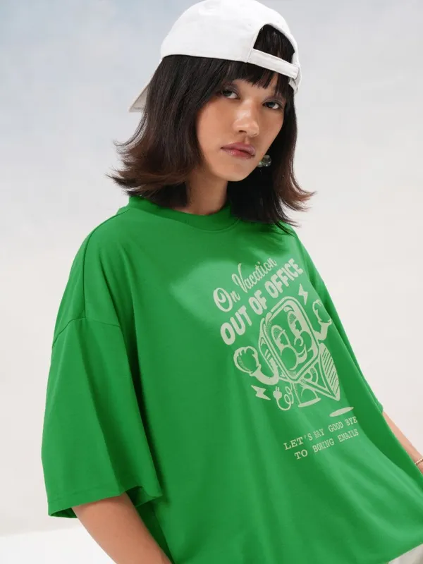 Tokyo Talkies Women Green Printed Round Neck Oversized Fit T-Shirt