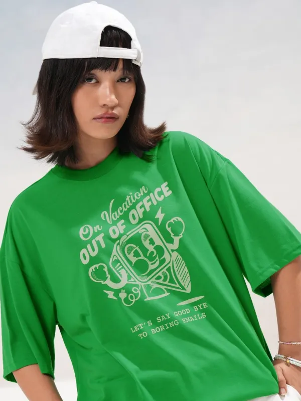Tokyo Talkies Women Green Printed Round Neck Oversized Fit T-Shirt