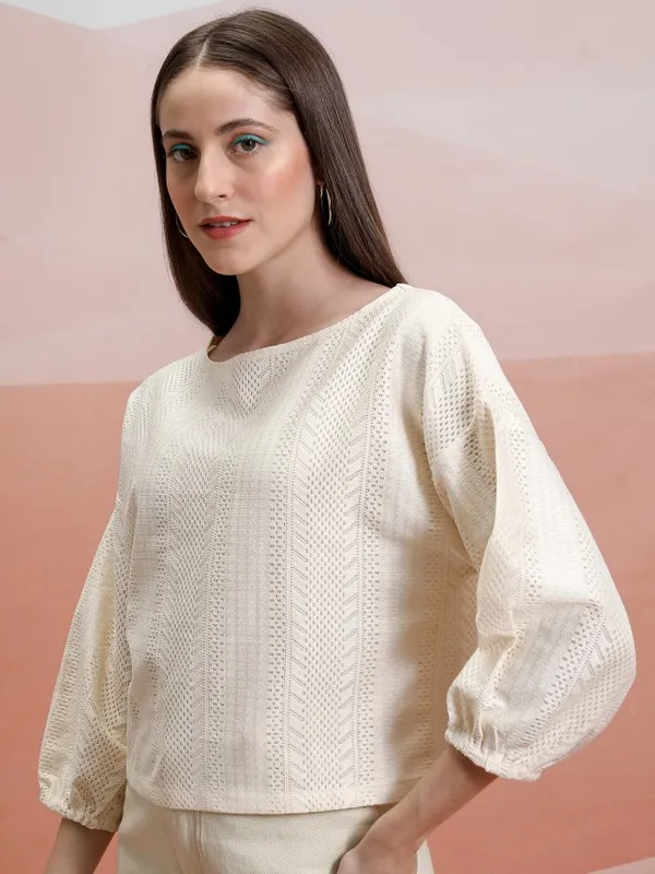 Tokyo Talkies Women Off White Self Design Regular Top