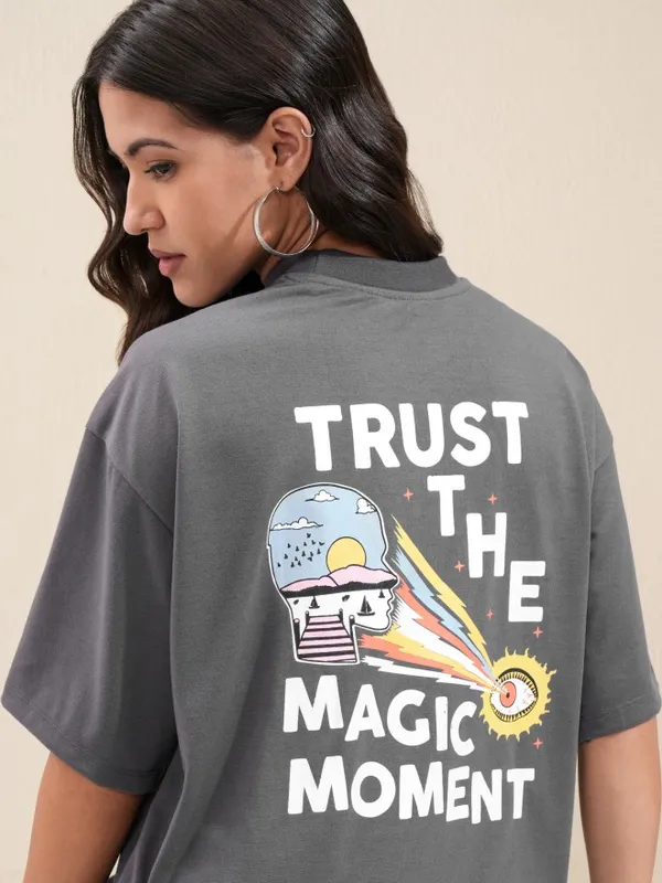 Tokyo Talkies Women Charcoal Printed Oversized Fit T-Shirt