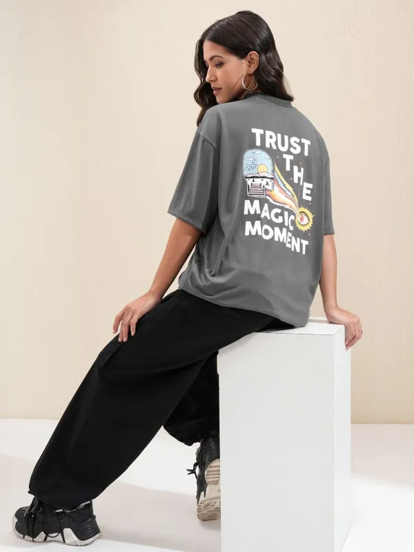 Tokyo Talkies Women Charcoal Printed Oversized Fit T-Shirt