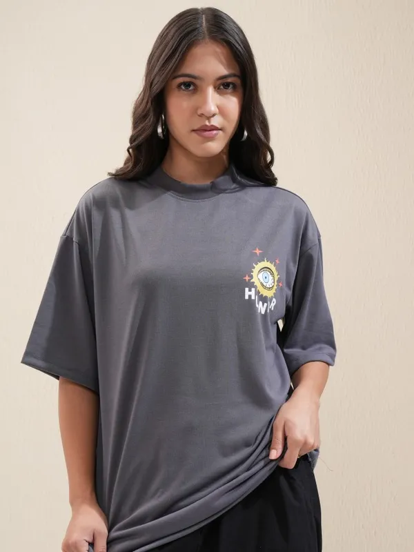 Tokyo Talkies Women Charcoal Printed Oversized Fit T-Shirt