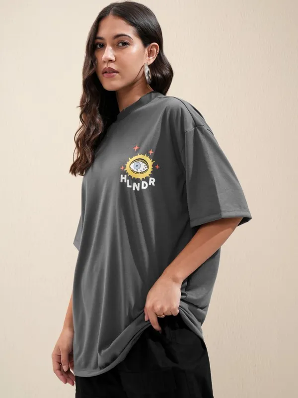 Tokyo Talkies Women Charcoal Printed Oversized Fit T-Shirt