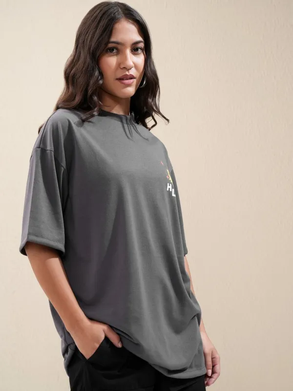 Tokyo Talkies Women Charcoal Printed Oversized Fit T-Shirt