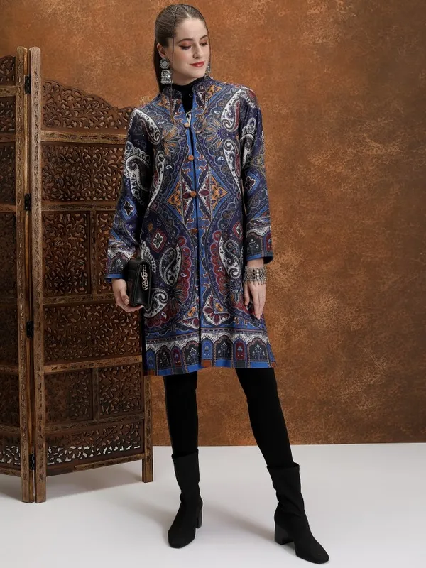 Vishudh Women Navy Blue Open Front Jacket