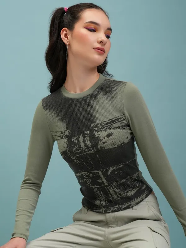  Tokyo Talkies Women Green Printed Fitted Tops