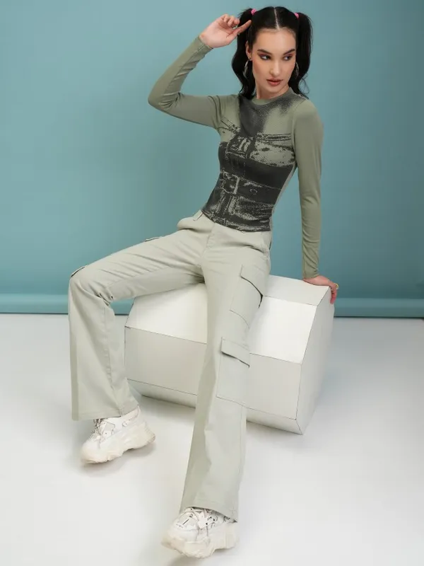  Tokyo Talkies Women Green Printed Fitted Tops
