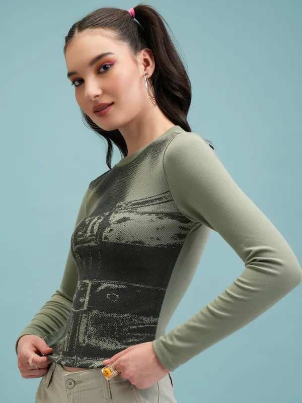  Tokyo Talkies Women Green Printed Fitted Tops