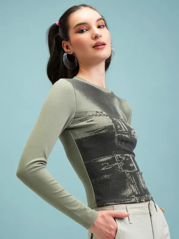  Tokyo Talkies Women Green Printed Fitted Tops