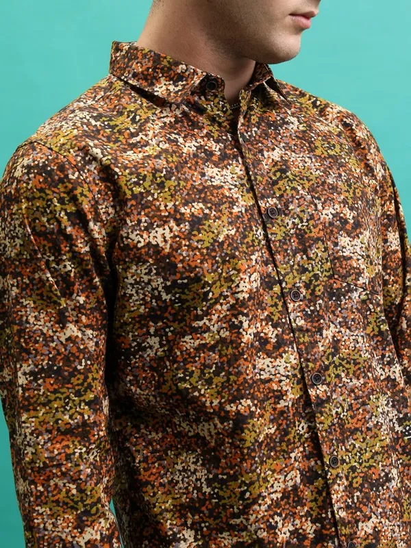  Highlander Men Brown Printed Slim Fit Casual Shirts