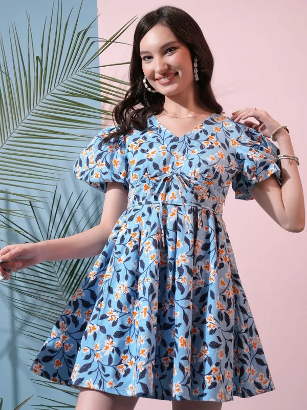  Tokyo Talkies Women Blue Printed Fit And Flare Dresses