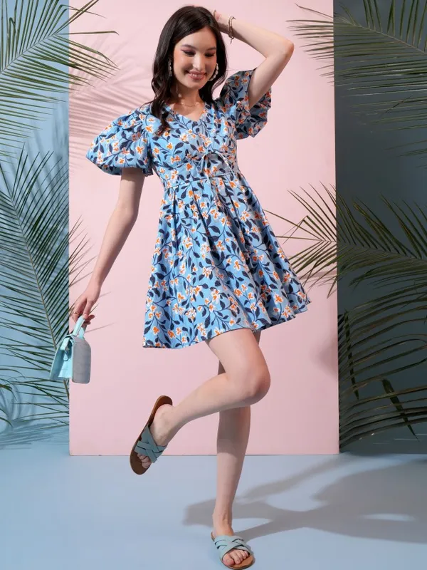  Tokyo Talkies Women Blue Printed Fit And Flare Dresses