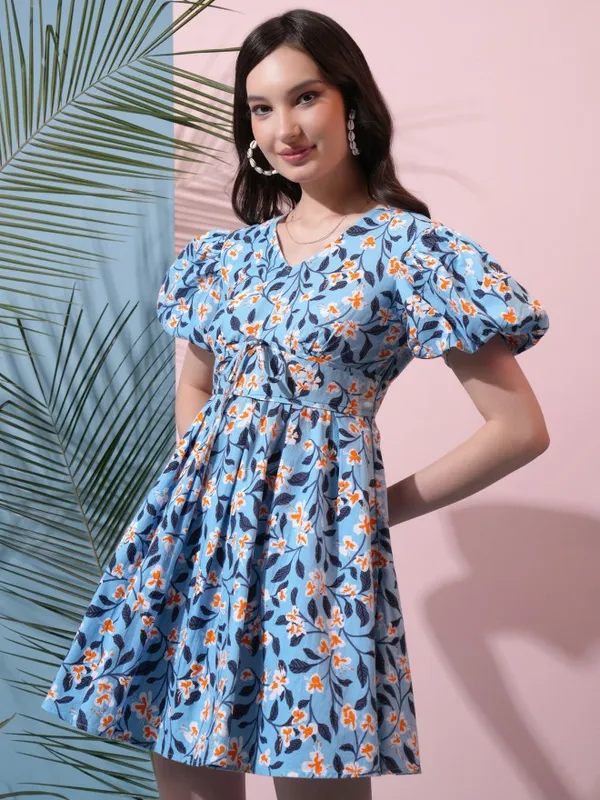  Tokyo Talkies Women Blue Printed Fit And Flare Dresses