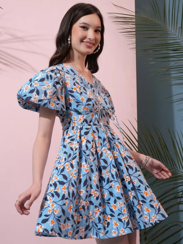  Tokyo Talkies Women Blue Printed Fit And Flare Dresses
