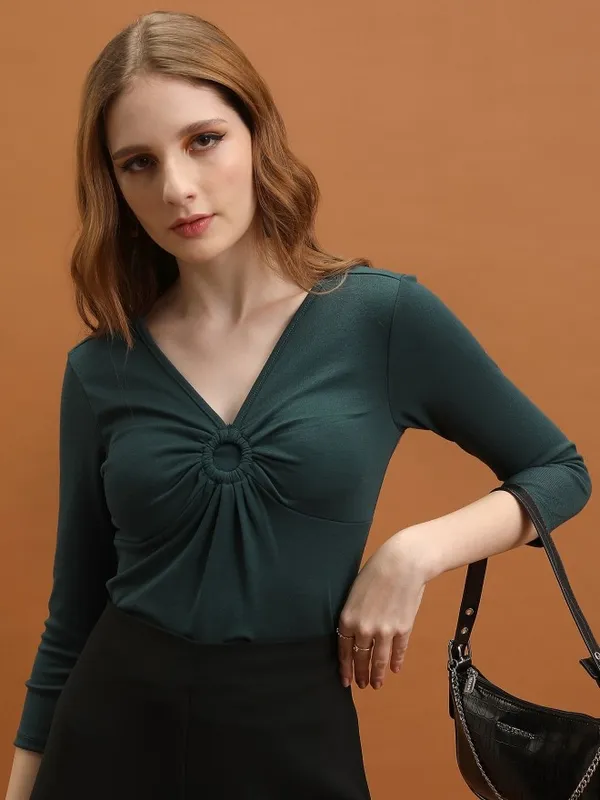 Tokyo Talkies Women Green Solid Fitted Top